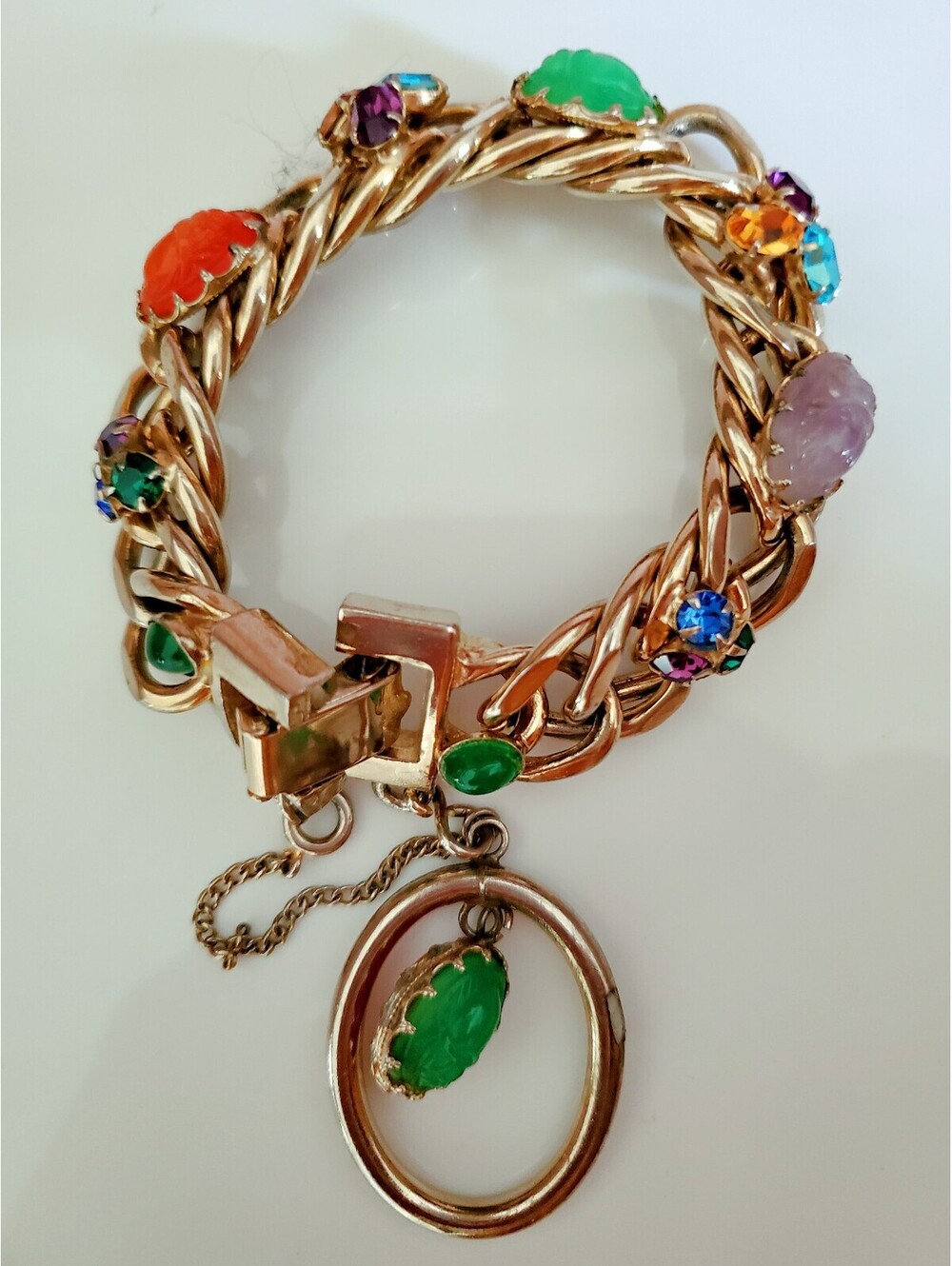 Vintage Kafin New York Designer Multi-color Glass Chain Charm Bracelet